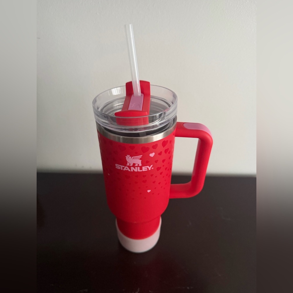 Stanley Red Tumbler with Heart Motif and Straw